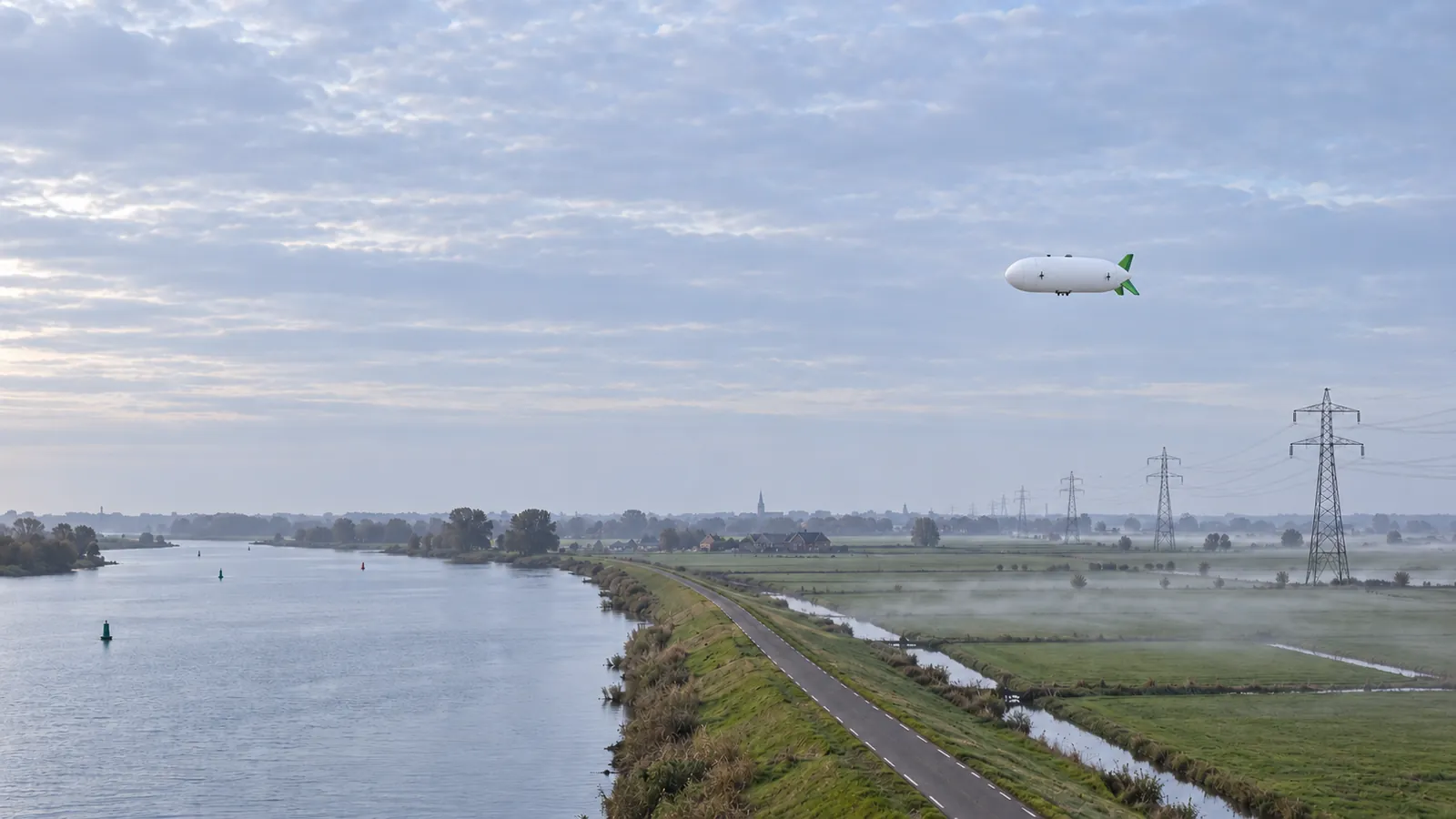 The X-11 airship holding station over a Dutch river dike, with polders and power lines in the distance