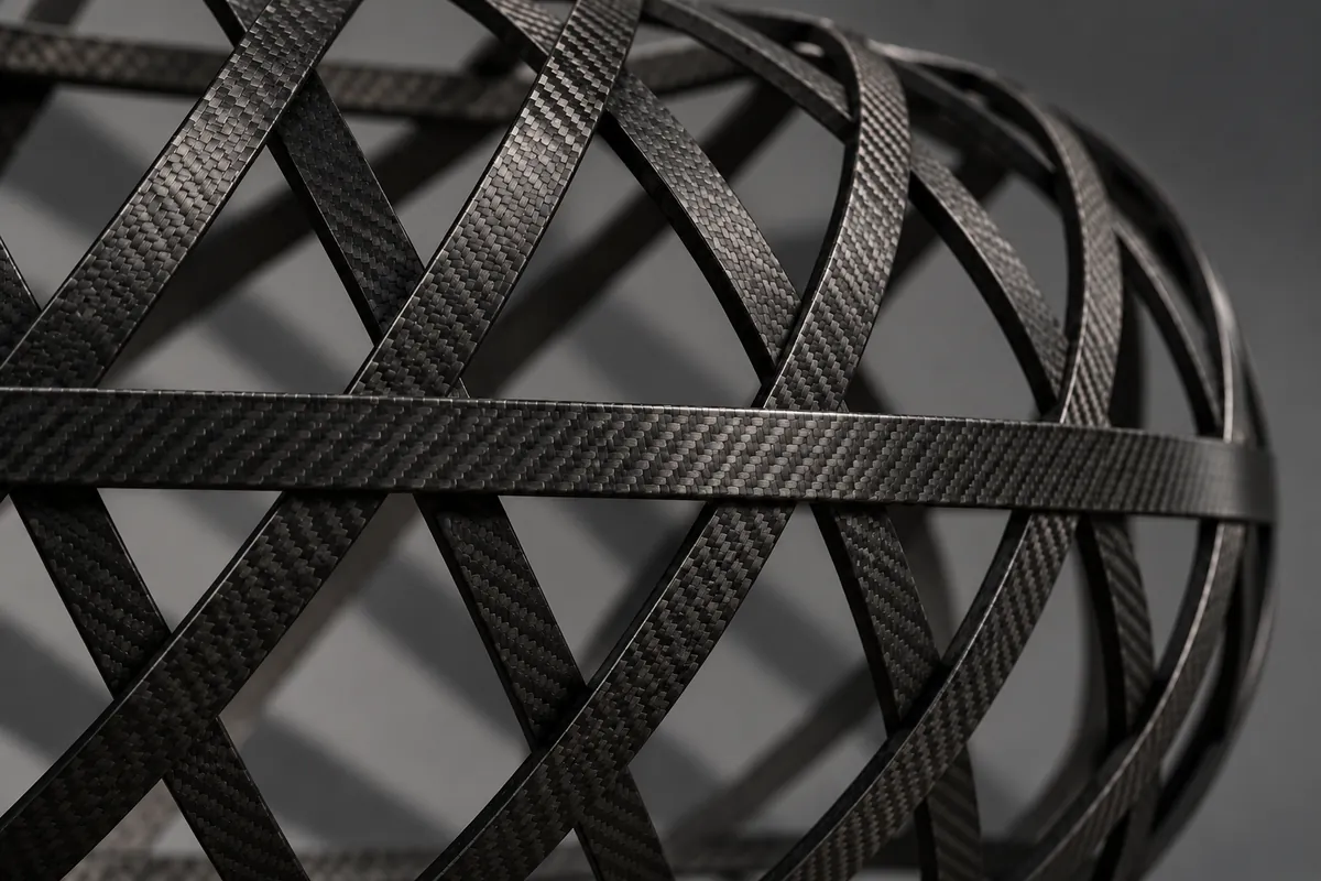 Close-up of a carbon lattice frame section with helical and hoop ribs