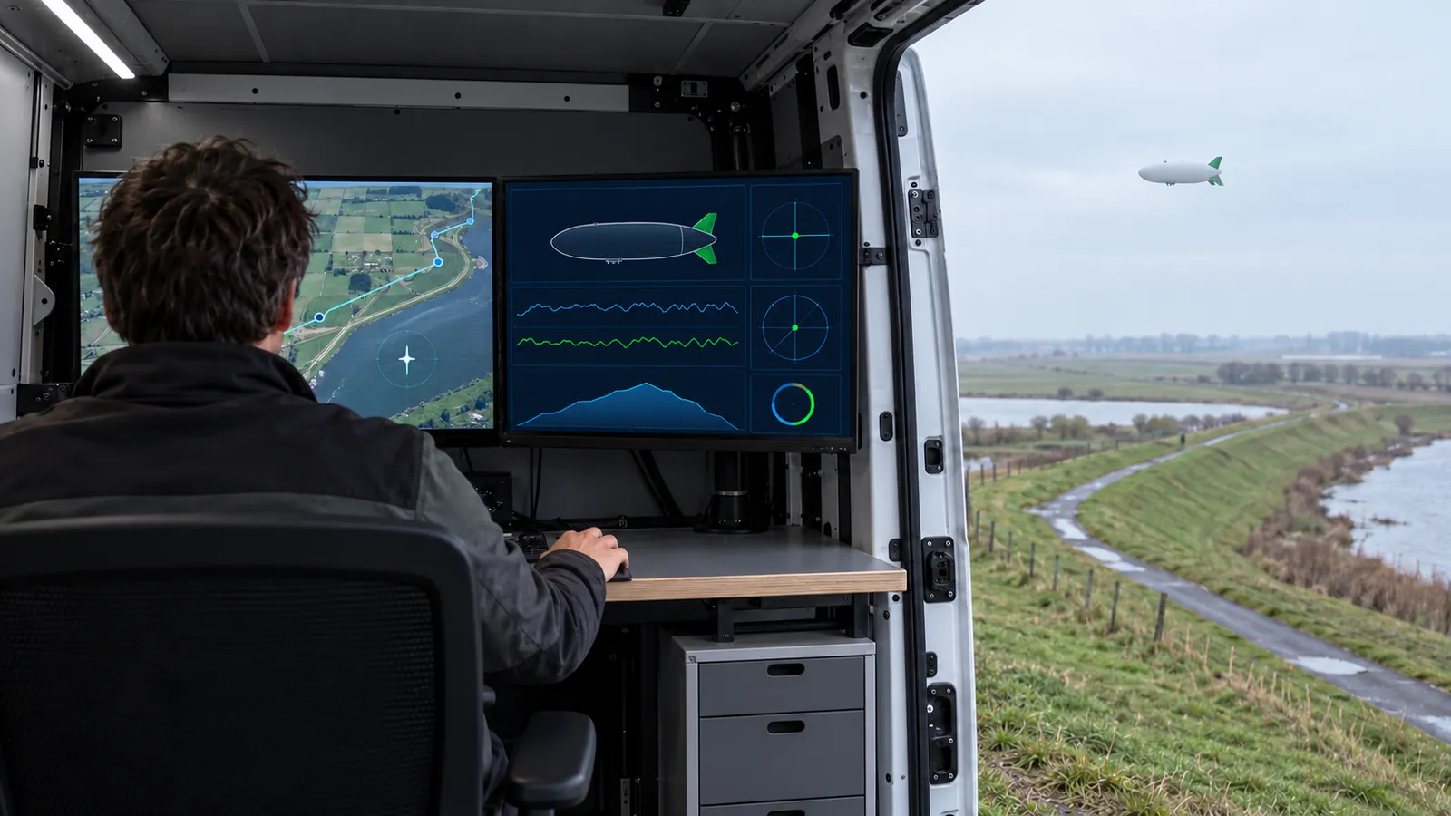 A remote operator, seen from behind, follows the mission on screens in a mobile ground station next to a dike