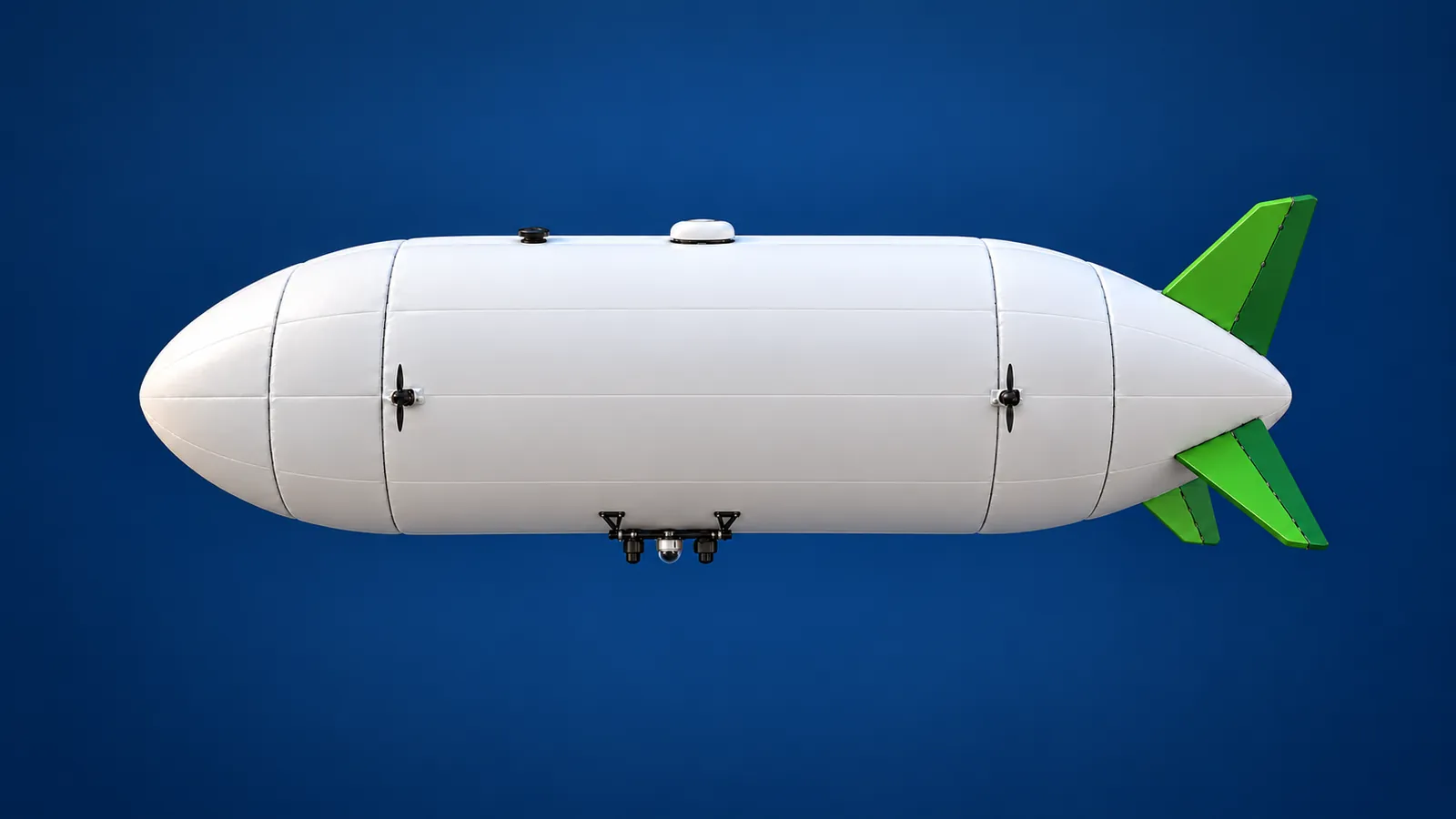 Side view of the X-11 airship: white rigid hull, four vectoring propellers on side tubes, green Y-tail fins and the payload bay underneath